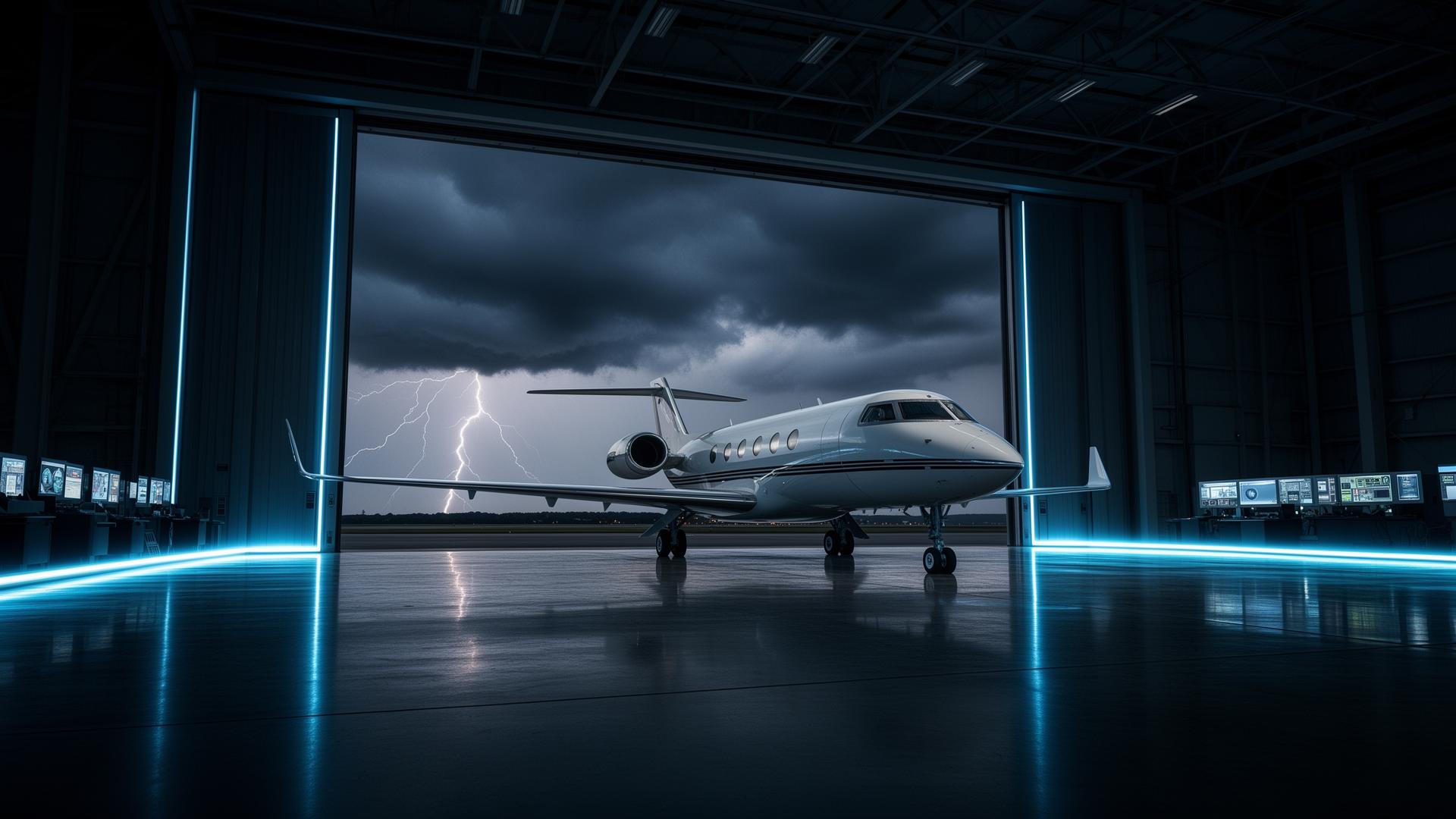 Polished business jet on the ramp at sunset