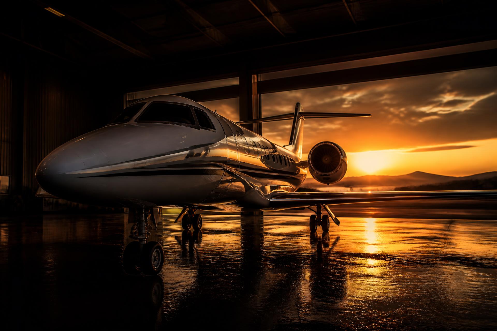 Polished business jet inside a hangar at sunset